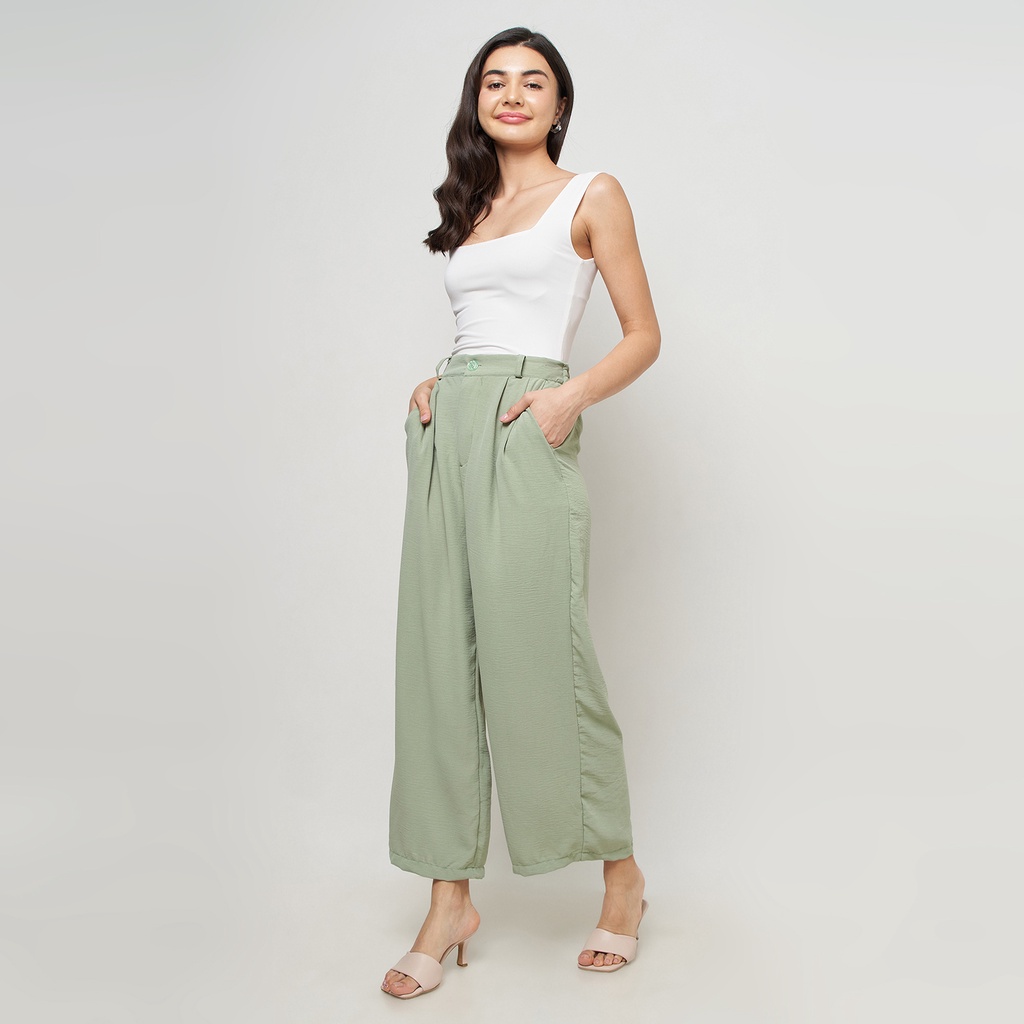 SECANTIK - CELANA KULOT LOOSE PANTS HIGH WAIST BAHAN CEW AIRFLOW CRINKLE HIJAU SAGE