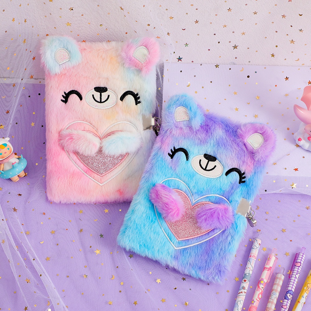 Diary Gembok Bulu Motif Bear Love Buku Diary Anak Bear Love Bulu Kado Ultah anak Perempuan import berkualitas
