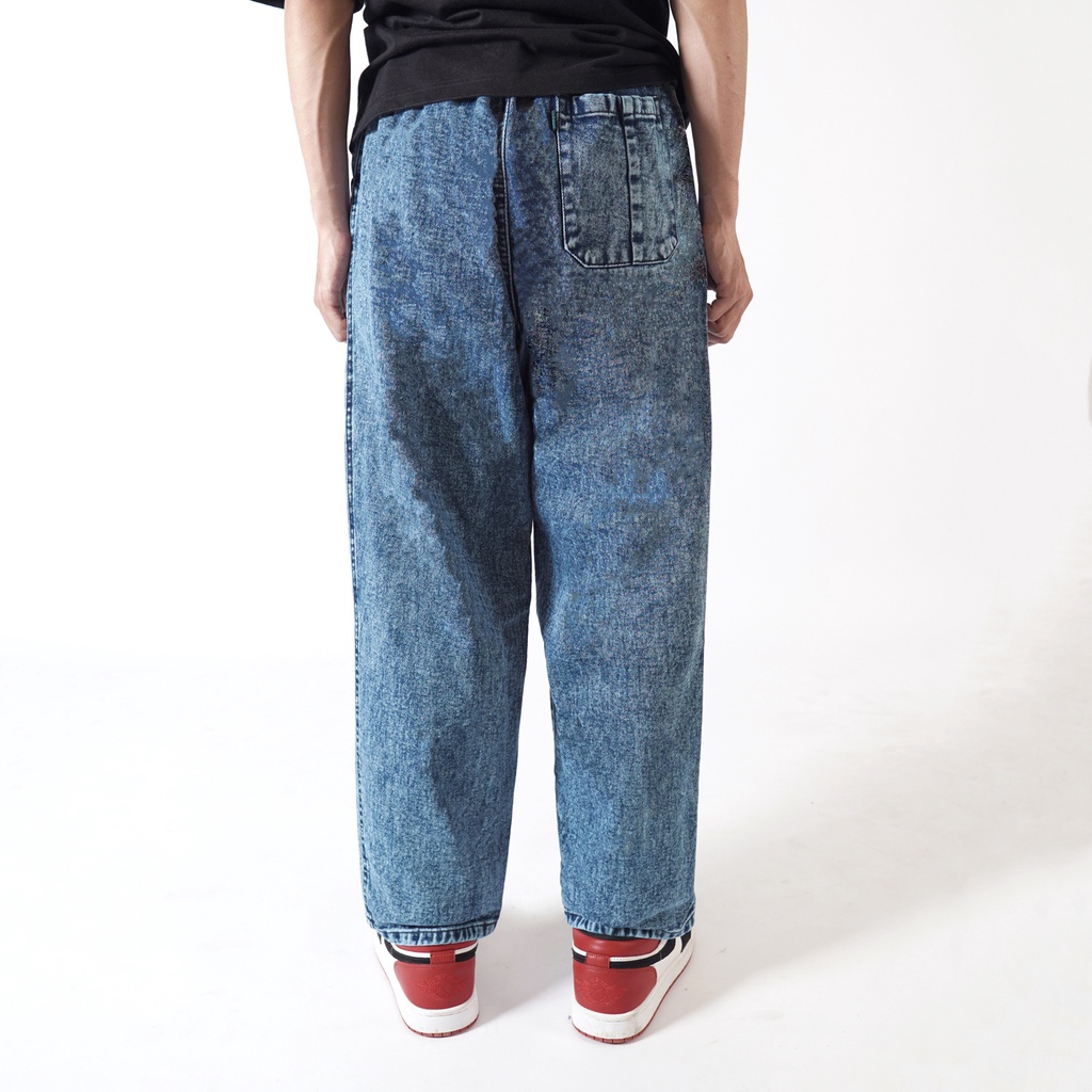 Pluviophile - Relaxed pants celana Baggy relaxed Gombrong Jeans karet Denim Blue Sandwash