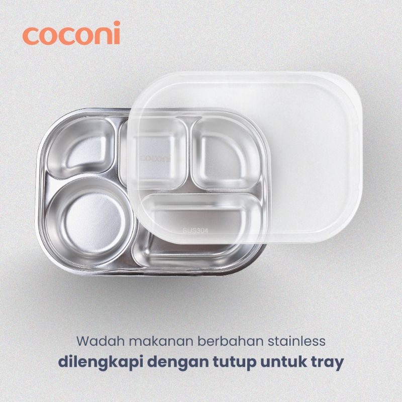 Coconi Premium Stainless Steel Plate Food Tray With Lid / Piring Makan Anak Sekat Stainless