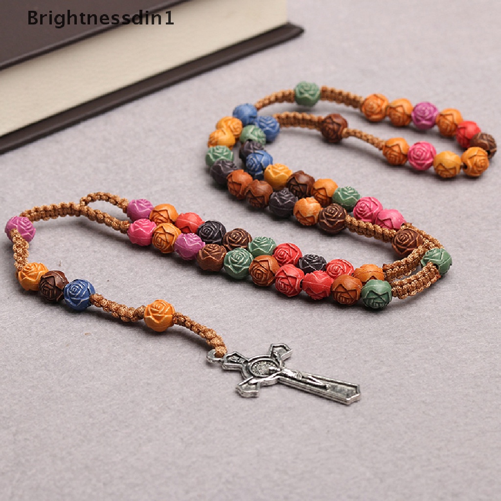 [Brightnessdin1] Kalung Liontin Salib Warna-Warni Katolik Yesus Kristen Doa Manik-Manik Kalung Perhiasan Keagamaan Butik