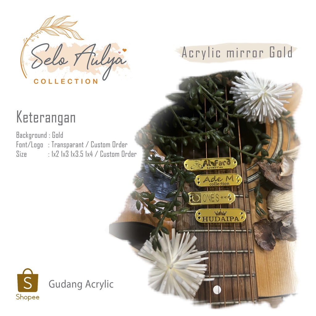 Link Custom Label Akrilik grafir dan laser cutting GOLD plat gambar logo nama Label Hijab Kaos Baju 