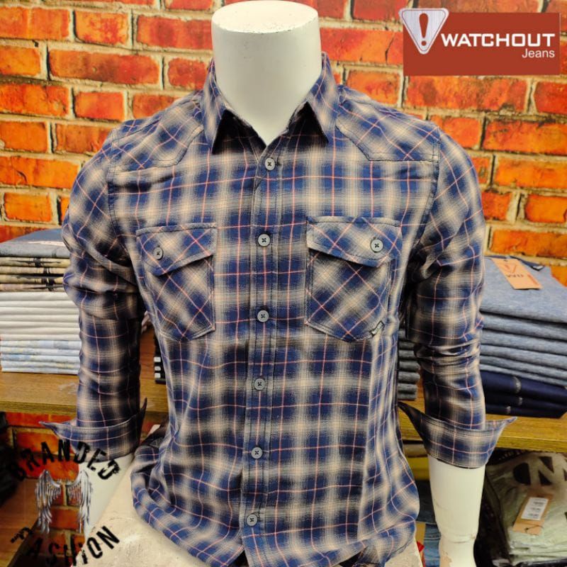 KEMEJA WATCHOUT PRIA ORIGINAL TERBARU SLIMFIT NAVY PROMO