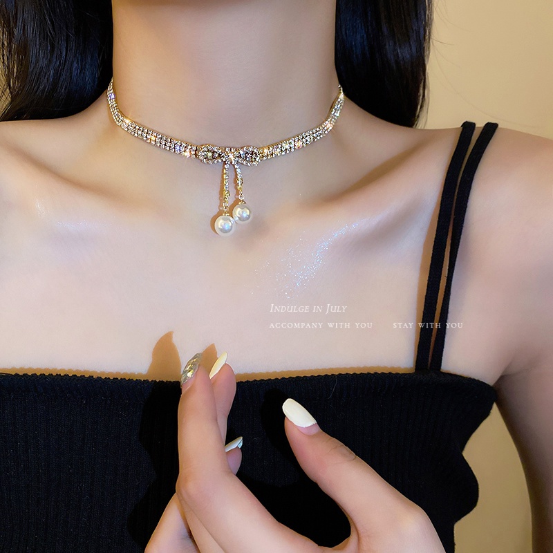 Kalung Simple Tulang Selangka Choker Rantai Kristal Mutiara Emas Untuk Aksesoris Perhiasan Wanita