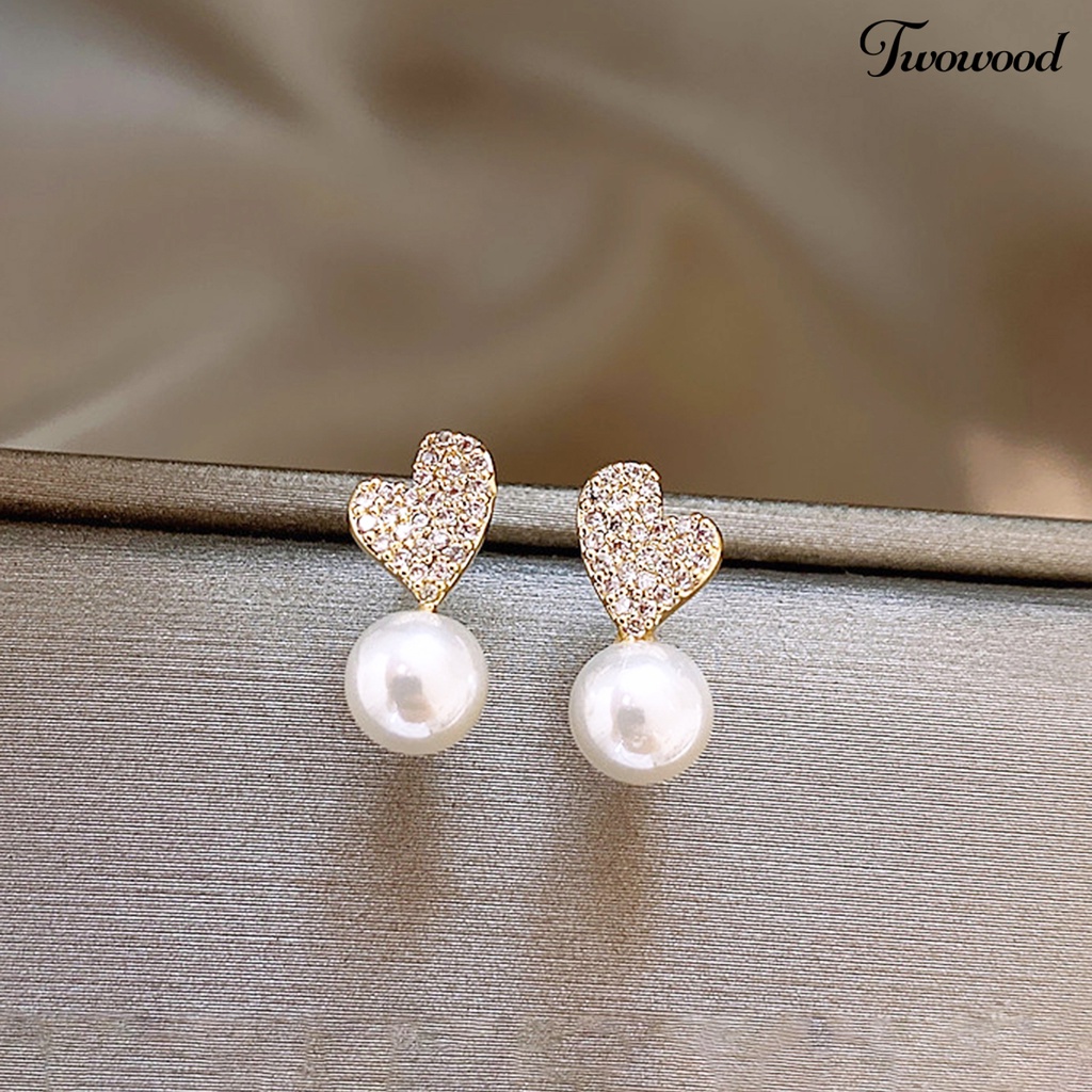 Twowood 1pasang Ear Studs Dainty Elegan Gaya Perancis Temperamen Retro Hadiah Mini High Gloss Mutiara Imitasi Cinta Hati Wanita Anting Perhiasan Aksesoris