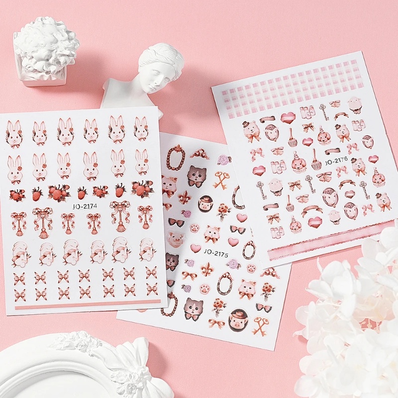 Kartun Lucu Pink Kelinci Pola Hewan Kuku Stiker 3D Kelinci Kuku Perekat Tape Manis Strawberry Pita Kuku Decal Manicure Art Dekorasi Alat Makeup Kuku