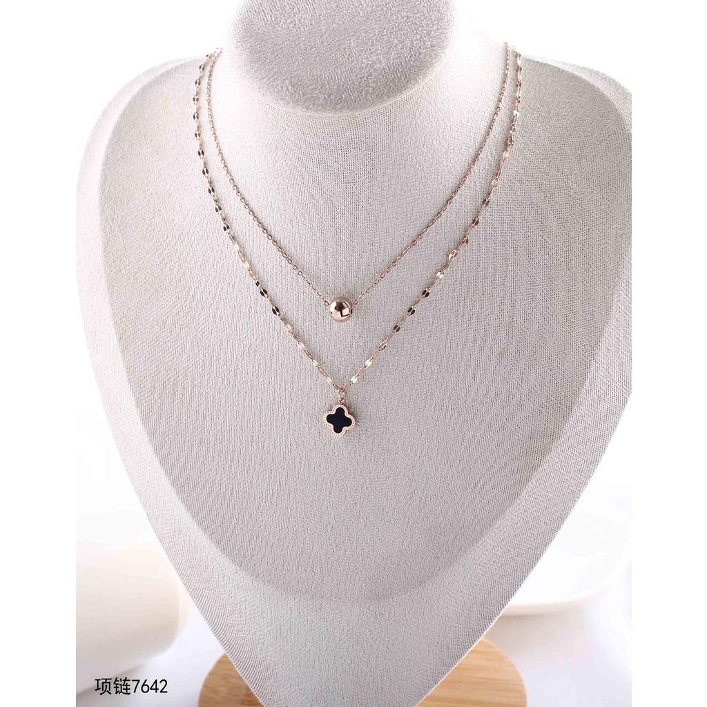 Kalung Titanium 2Rantai Permata Hitam Perhiasan Fashion 7642/438