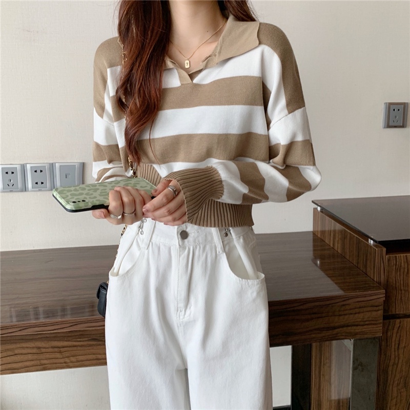 Kemeja Stripe Rajut Wanita Lengan Panjang Sweater Wanita Oversize Style