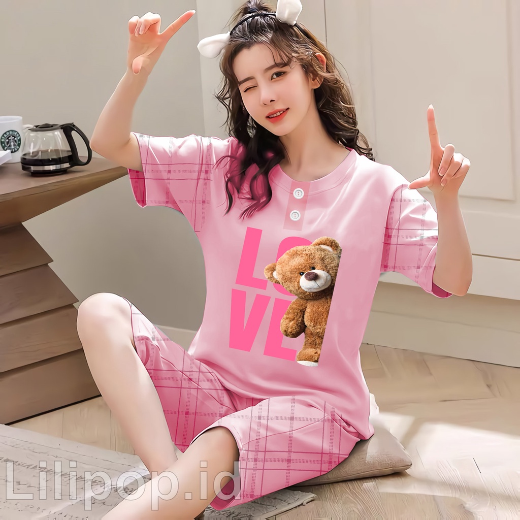 Lilipop.id  Baju Tidur Wanita Love bear pants Celana Pendek Allsize Baby Doll Bahan Kaos Dewasa