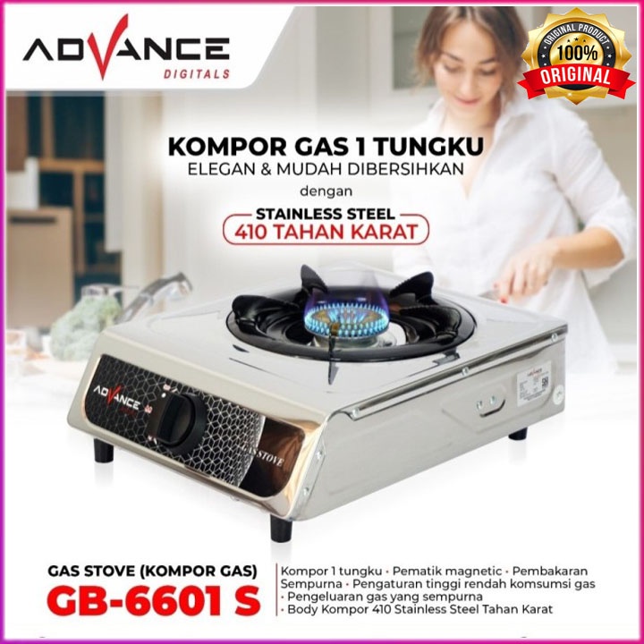 Kompor Gas 1 Tungku Advance GB-6601S Stainless  BODI MEWAH ELEGAN MANTAP