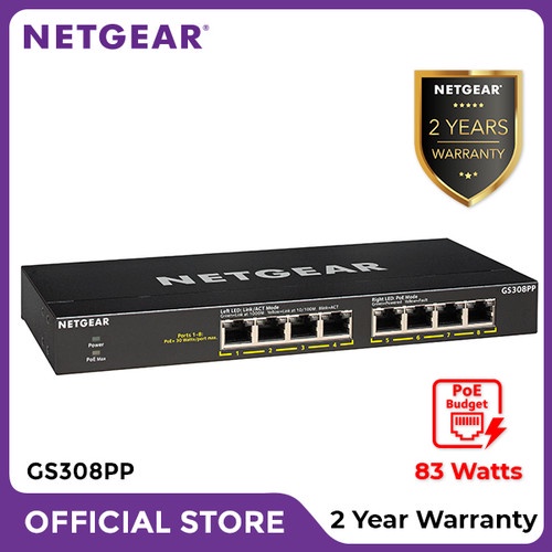 Netgear GS308PP 8 Port Gigabit Ethernet SOHO PoE+ Unmanaged Switch W