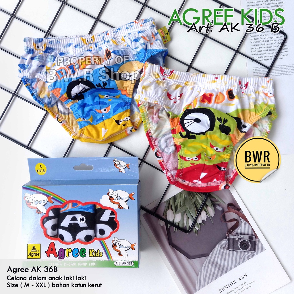 [ 3pc ] CD Agree Kids AK 36 B / Celana Dalam Anak Laki laki Karet Kerut Motif Random | Bwr