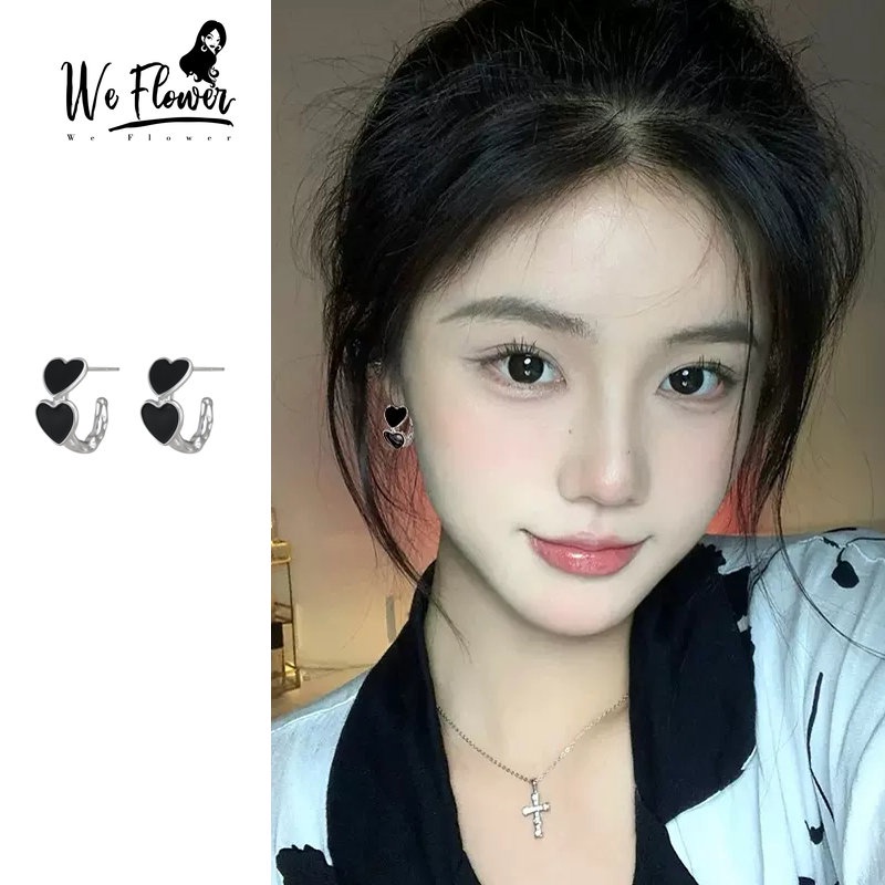 Kami Bunga Korea s925 Perak Glossy Hitam Jantung Hoop Anting Untuk Wanita Perempuan Elegan Cinta Hati Klip Anting-Anting Telinga Manset Perhiasan Aksesoris