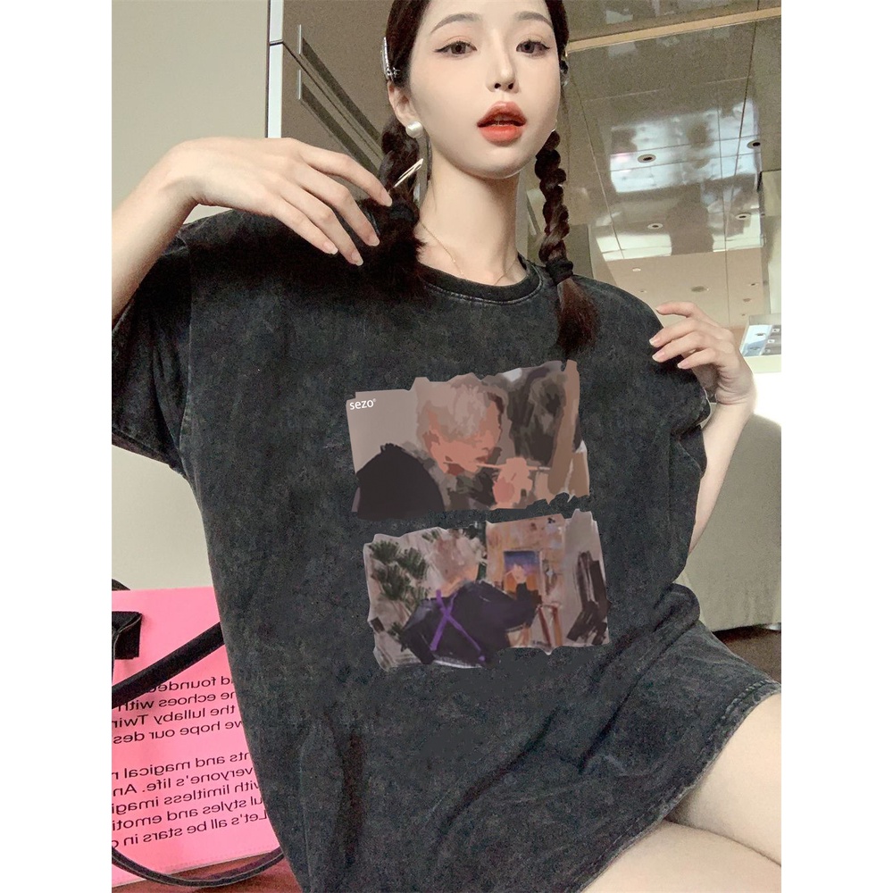 XIAOZHAINV Korean Style Painting Pattern Washed Printing Kaos Wanita