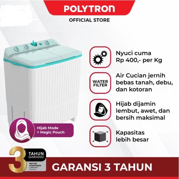 Polytron Mesin Cuci 2 Tabung 7Kg Samba Series PWM 7076 Twin Tube 7 Kg