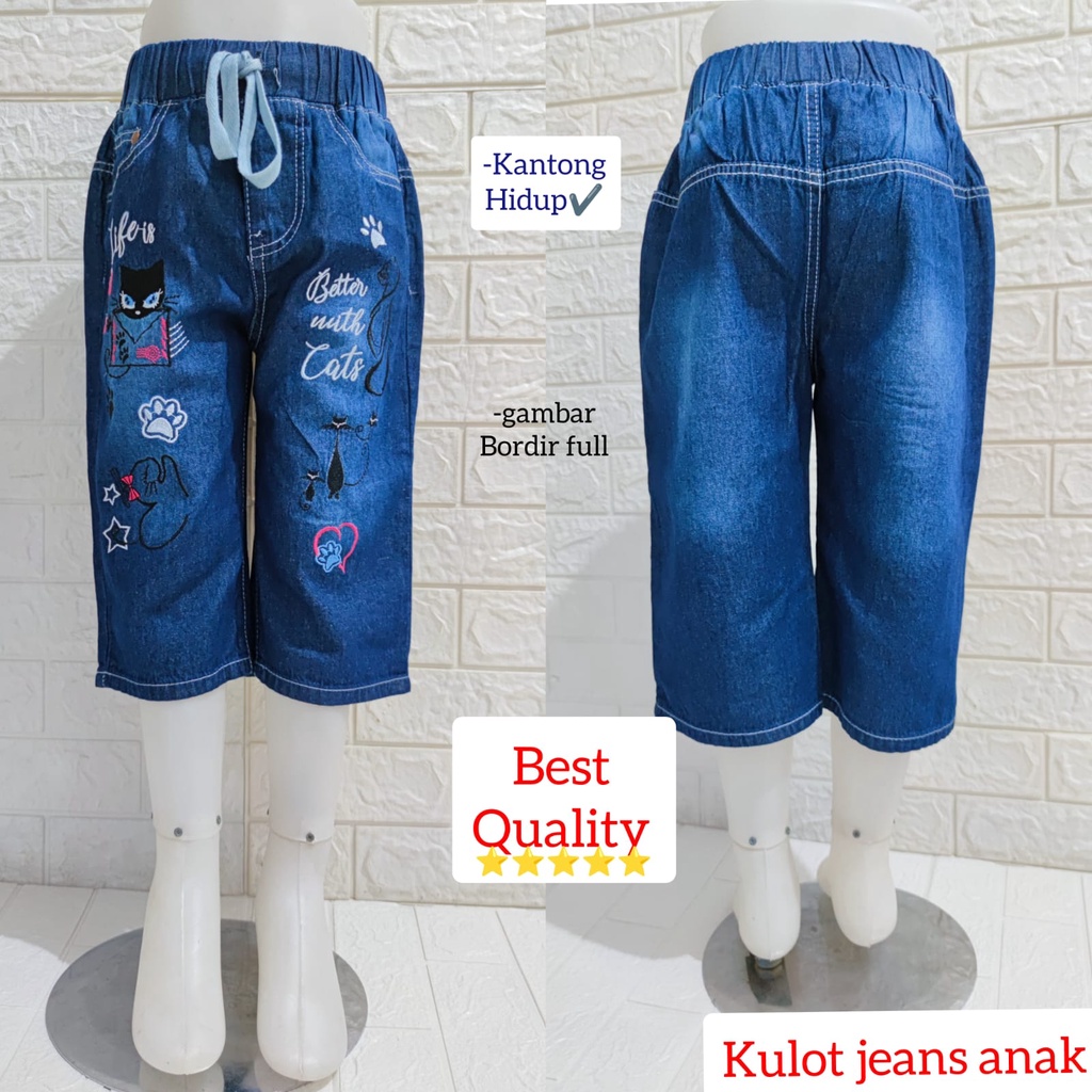 kulot jeans anak perempuan berkualitas/ kulot selututan jeans anak/ kulot bordir/ kulot anak perempu