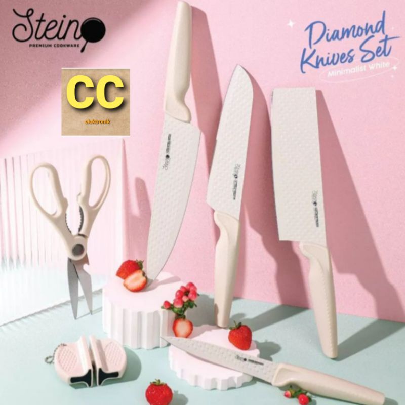 Stein Steincookware Pisau Diamond Knife Set 5 + Free Knife Sharpener Pisau Dapur ORI READY STOK