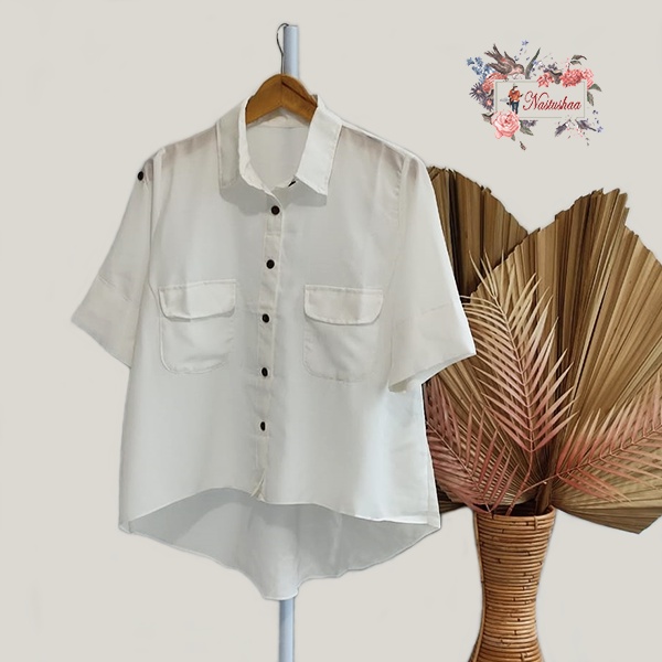 Atasan Wanita Blouse Oversize Kemeja Wanita Lengan Pendek 3/4 Jumbo Crop Polos Broken White Kantong Hidup Busui Friendly Fit XL-XXL