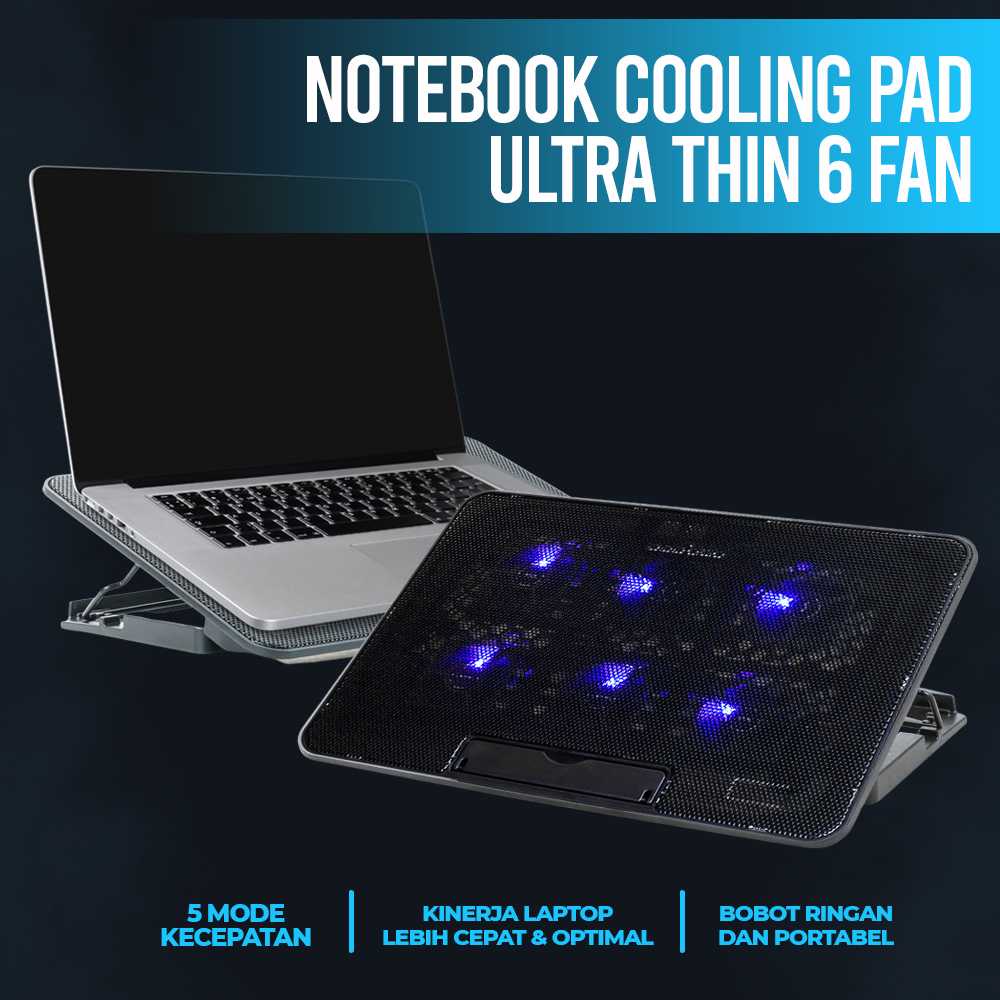 Coolingpad Laptop 14inch 6 Fan Adjustable Speed - Notebook Cooling Pad Laptop Ultra Thin Cooler 6 Fan - Pendingin Laptop - Coolingfan