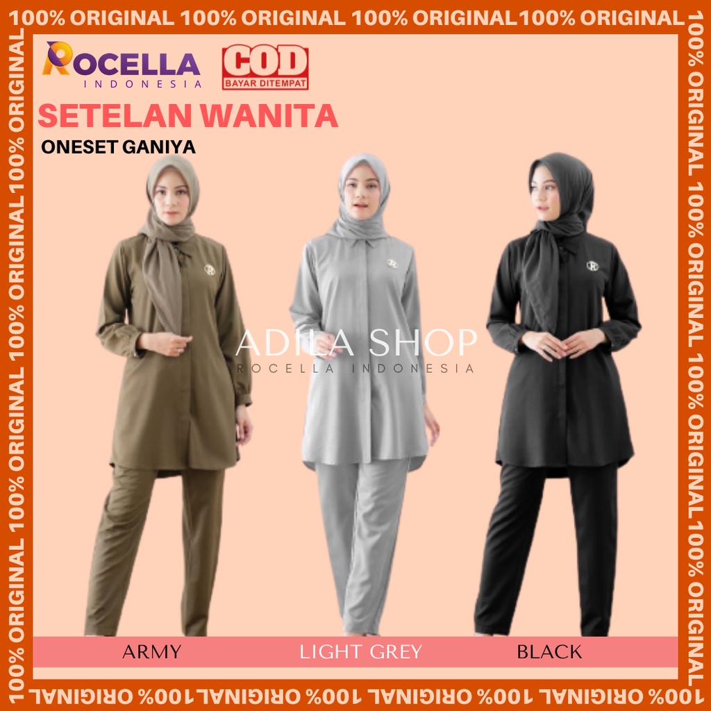 Rocella One Set Ganiya/Pakaian Kerja Wanita/Satu Set Stel Atasan dan Celana Wanita Bonus Pin Logo Ro