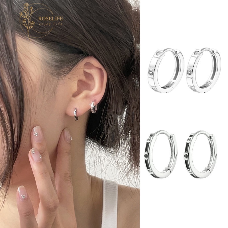 Roselife Fashion Unisex 2pcs Hitam Perak Geometris Hoop Earrings Untuk Wanita Gadis Pria Sederhana Fashion Hypoallergenic Lingkaran Bulat Anting-Anting Minimalis Telinga Perhiasan