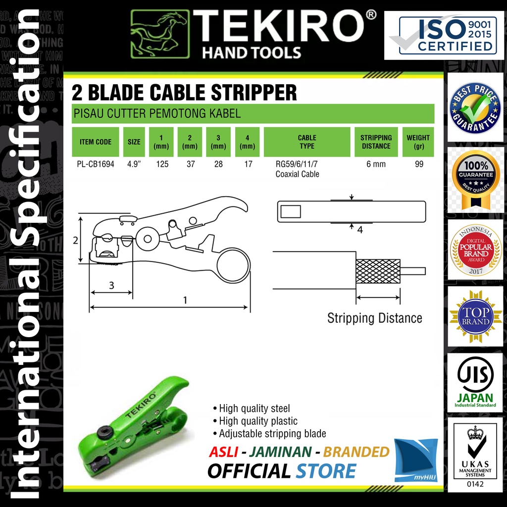 Pisau Tang Kupas dan Potong Kabel / 2 Blade Cable Stripper TEKIRO