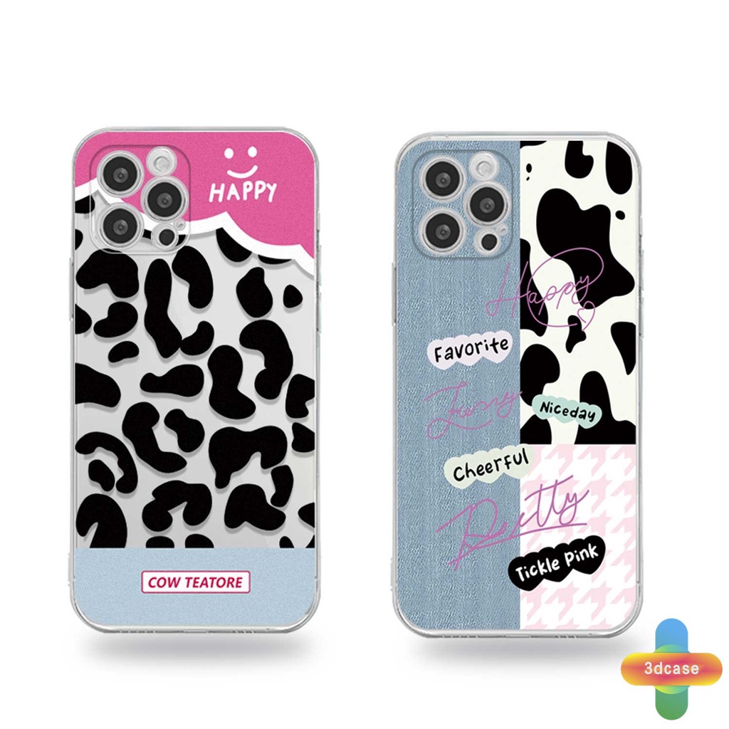 IPHONE Case Kompatibel Untuk For IPhone 11 12 13 PRO MAX 6 7 6S 8 Plus X XR XS MAX 11 12 13 Se 2020 6SPlus 7Plus 6Plus 8Plus XSMAX  Wavy Edge Cute Denim Patch Happy Leopard Print Bening Lembut TPU Pasangan Ponsel Case