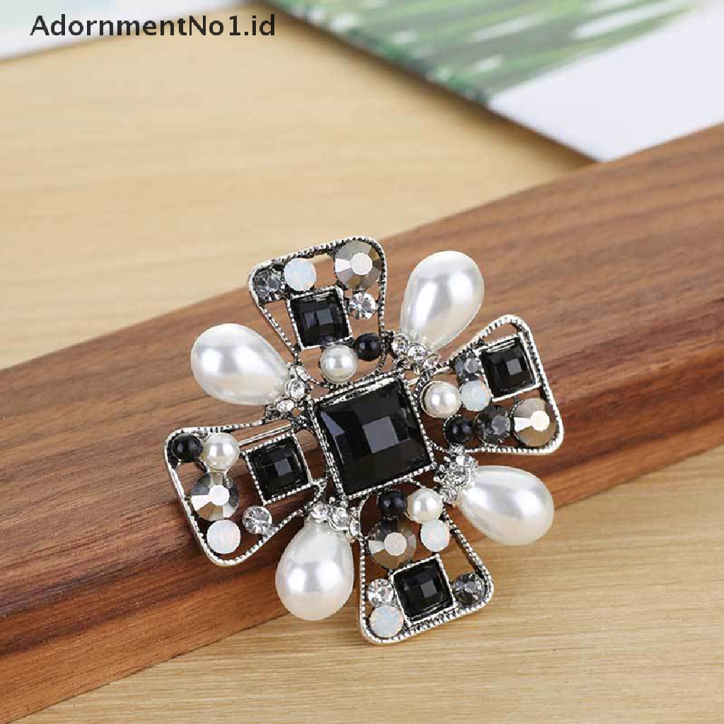 [AdornmentNo1] Retro Mode Berlian Imitasi Peal Cross Bentuk Bros Wanita Mantel Perjamuan Hadiah Pin Perhiasan [ID]