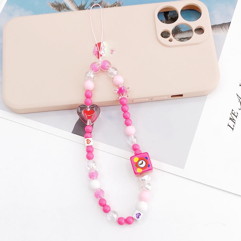 Manik-manik Bulat Akrilik Merah Mawar Lucu Rantai Anti Hilang Untuk iPhone Android OPPO VIVO Huawei Xiaomi Redmi Samsung Semua Ponsel Strap