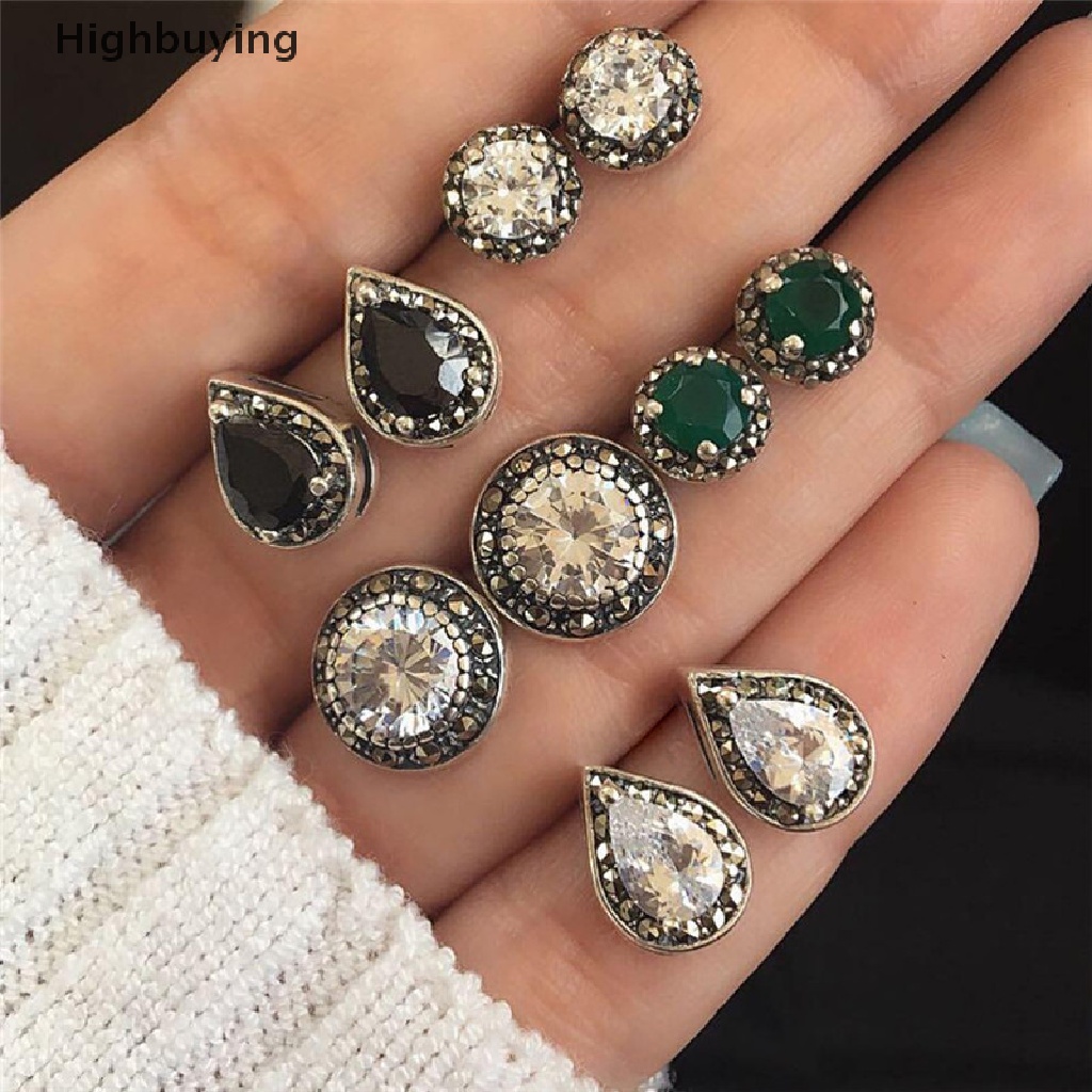 Hbid 5pasang/Set Boho Water Drop Kristal Berlian Imitasi Stud Anting Wanita Pesta Perhiasan Glory