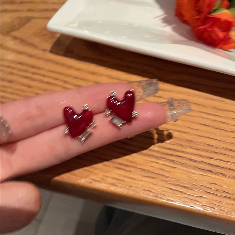 Anting Zirkon Geometris Cinta Merah Anggur Gadis Keren Retro Hati Ear Studs Untuk Perempuan