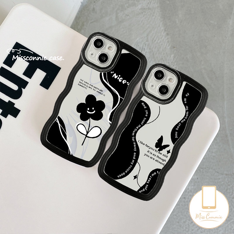 Untuk Samsung A13 A50 A12 A04s A04 A20 A50s A32 A14 A02s A03s A31 A04E A22 A30s A23 A21s A52 A51 A33 A1 A52s A53 M22 F22 Wavy Edge Black Retro Bunga Butterfly Soft Tpu Case