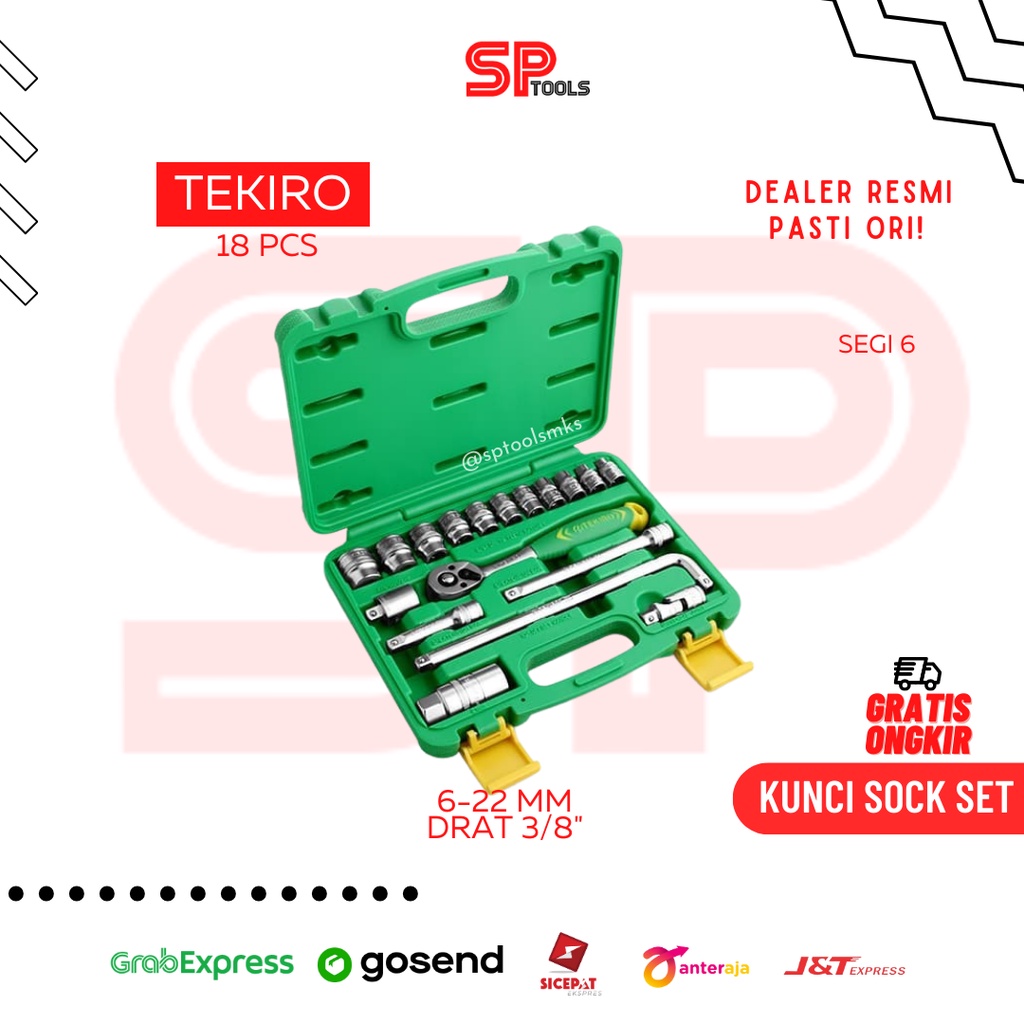 KUNCI SOK SOCK SET 18PCS TEKIRO 6-22MM DRAT 3/8" SEGI 6PT BOX PVC  TEKIRO 3/8 INCH SET 6 PT 6 - 22 M