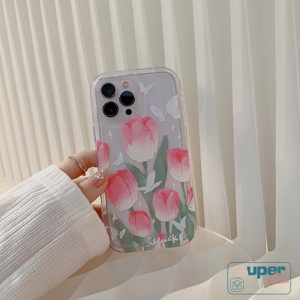 IPHONE Shockproof Airbag Phone Case Kompatibel Untuk Iphone14 13 Pro Max7 8 Plus 11 12 Pro MAX XR X6 6S PlusX XS MAX Fashion Segar Musim Semi Bunga Tulip Kupu-Kupu Soft TPU Case