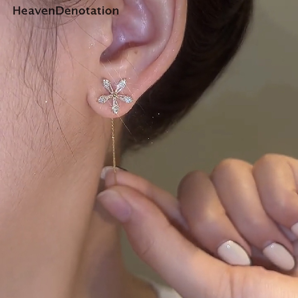 [HeavenDenotation] 1pasang Indah Mode Zirkon Bersinar Bunga Anting Cahaya Panjang Rumbai Rantai Menjuntai Anting-Anting Bermutu Tinggi Desain Perasaan Ornamen Perhiasan HDV
