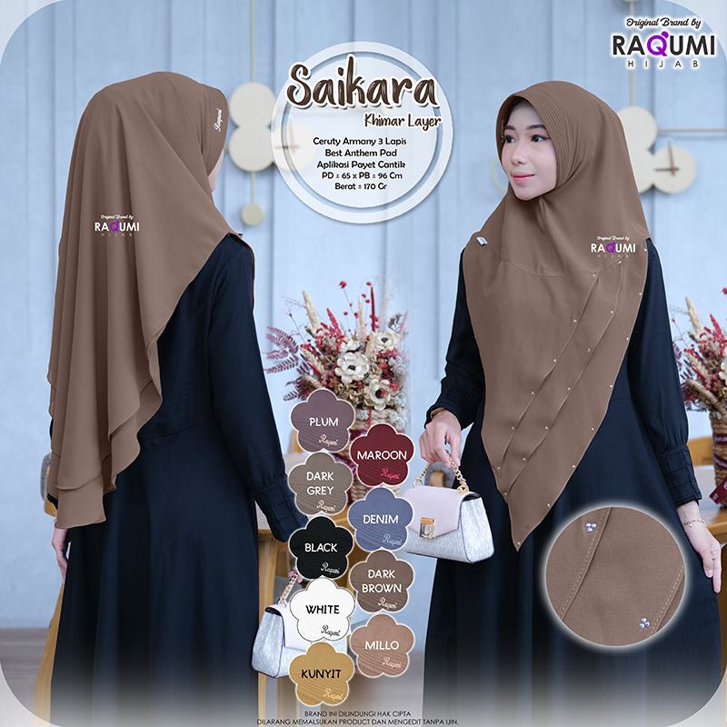 Saikara Khimar Layer || Raqumi Hijab by Khaka Fashion ||| Bahan Ceruty Armany 3 Lapis Aplikasi Payet