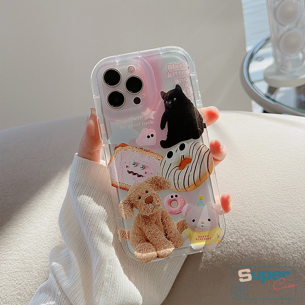 IPHONE Casing Ponsel Beruang Anjing Kucing Kartun Transparan Kompatibel Untuk Iphone11 13 14 12 Pro MAX 6 6S 7 8 Plus XR X XS MAX Ins Hewan Lucu Stiker Shockproof Airbag Lembut TPU Penutup Belakang