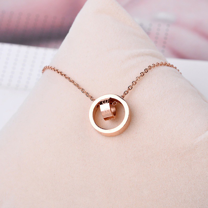 Kalung Berlian Dua Cincin | Kalung Rantai Dengan Liontin Zircon Bulat Untuk Wanita | Emas 18k | Sendok Garpu Bahan Stainless Steel | Aksesoris Rambut Untuk Wanita