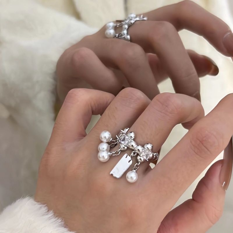 Fashion Wanita Bintang Cinta Paduan Zirkon Mutiara Berlian Pembukaan Cincin