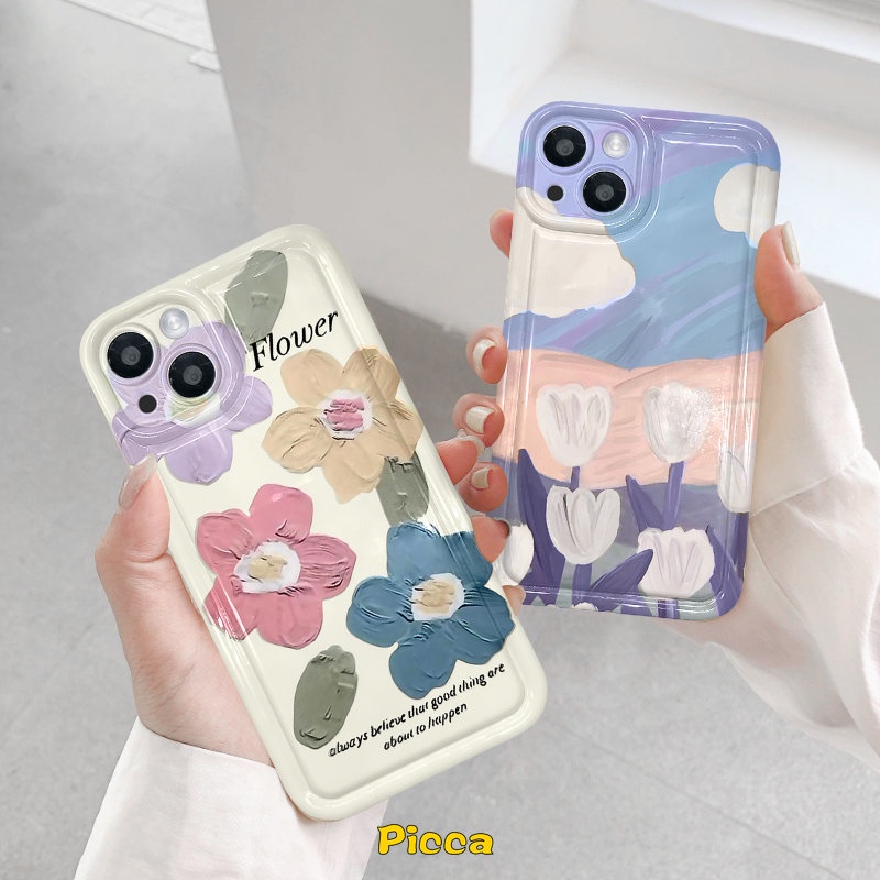 IPHONE Case Bunga Lukisan Cat Minyak Kompatibel Untuk Iphone6 6S 7 8 Plus XR 11 14 13 12 Pro MAX X XS MAX Fresh Art Flower Tulips Shockproof Airbag Bening Lembut TPU Silicon Phone Back Cover