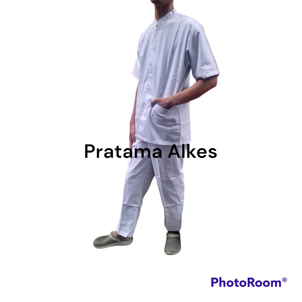 Baju Perawat Laki Laki / Seragam Perawat / Baju Kerja Perawat / Setalan Putih