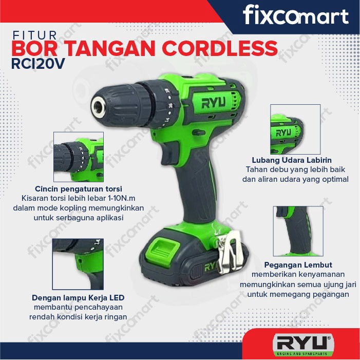 Ryu Impact Drill Cordless / Mesin Bor Tangan Battrey / Baterai Rci 20V