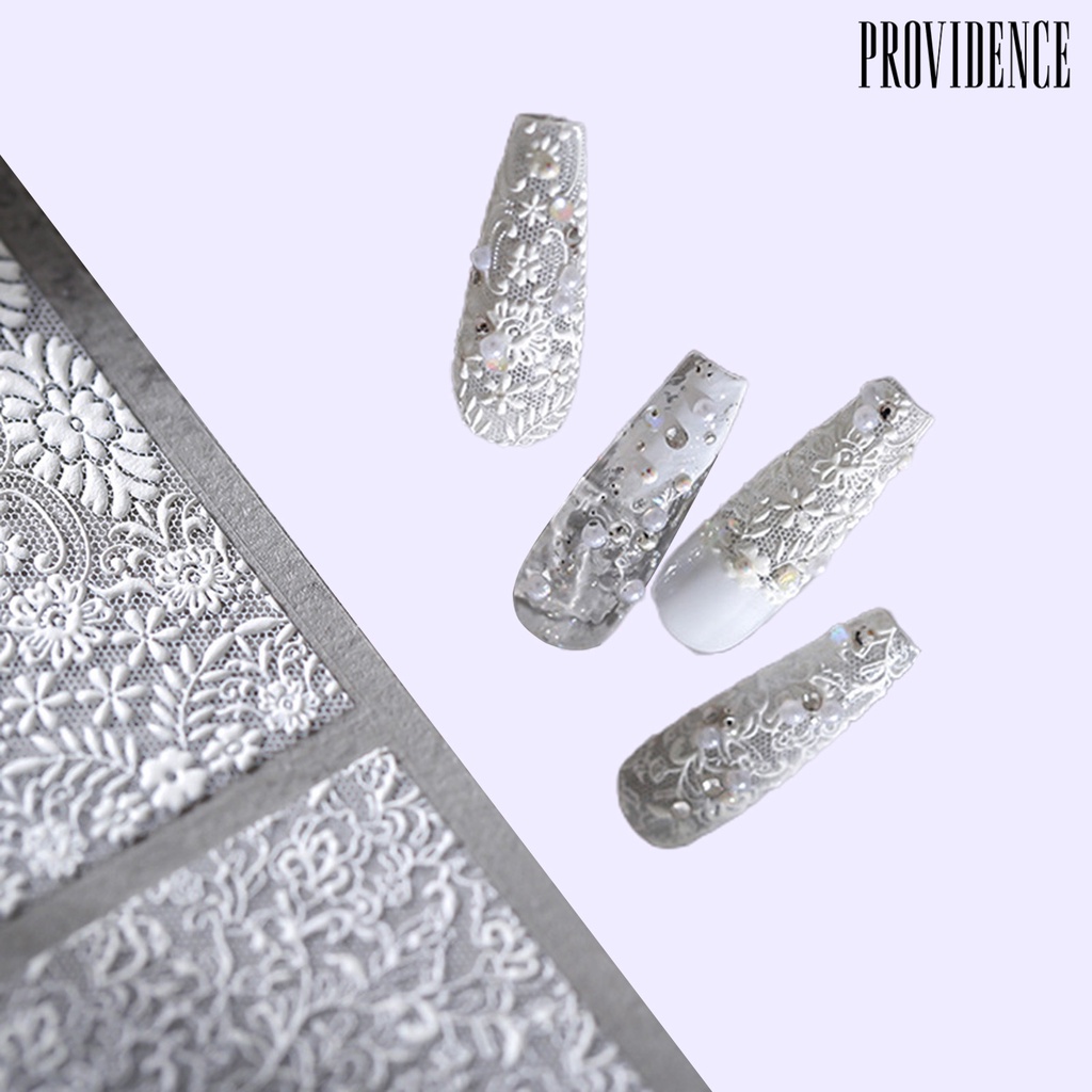 Providence Nail Art Stiker Tidak Luntur 5D Relief Perekat Diri DIY Ultra Tipis Kerawang Pola Bunga Renda Putih Kuku Foil Stiker Perlengkapan Kuku