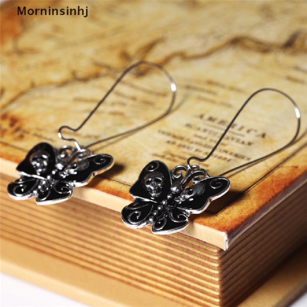 Mornin Wanita Retro Punk Gothic Fashion Perhiasan Kupu-Kupu Tengkorak Telinga Menjuntai Anting Panjang id