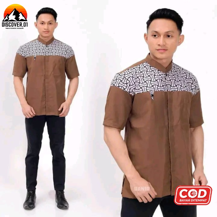 Koko Pria Motif Kobata Kombinasi Batik Lengan Pendek Bahan Oxfrod Premium