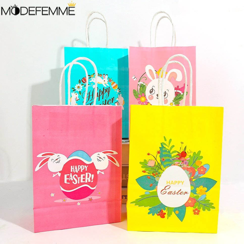 Paket Dekorasi Hadiah Ulang Tahun Festival Kue Permen Snack Packing Pouch Kapasitas Besar Alat Tulis Mainan Paket Penyimpanan Bunny Pattern Kraft Paper Bag