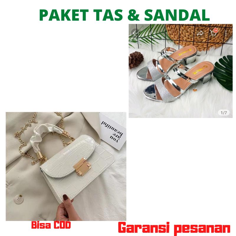 (cod) termurah!!! paket sandal heels dan tas wanita/sling bag fashion bordir rantai