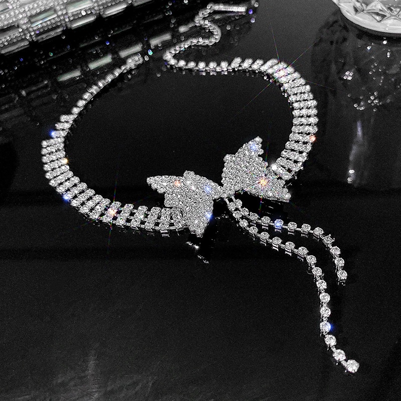 Kalung Perak Choker Kupu-Kupu Elegan Shiny Zircon Tassel Necklace Aksesoris Perhiasan