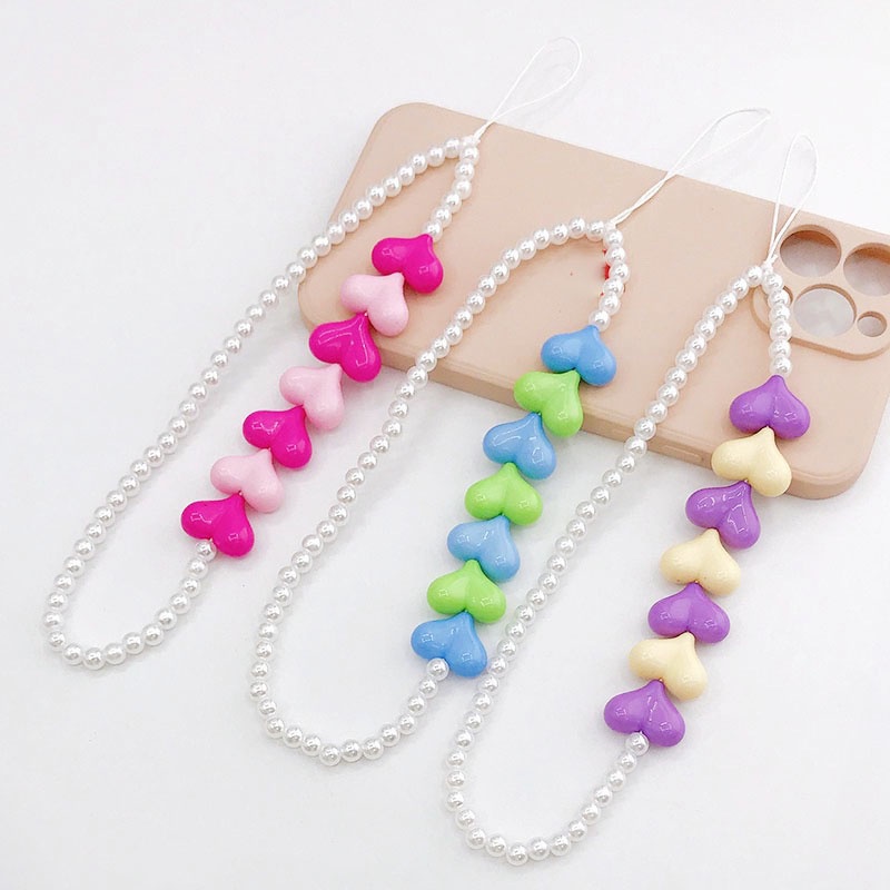Ins Warna Campur Rantai Manik-Manik Mutiara Cinta Hati Akrilik Untuk iPhone Android OPPO VIVO Huawei Xiaomi Redmi Samsung Semua Ponsel Earphone Cases Liontin Tali
