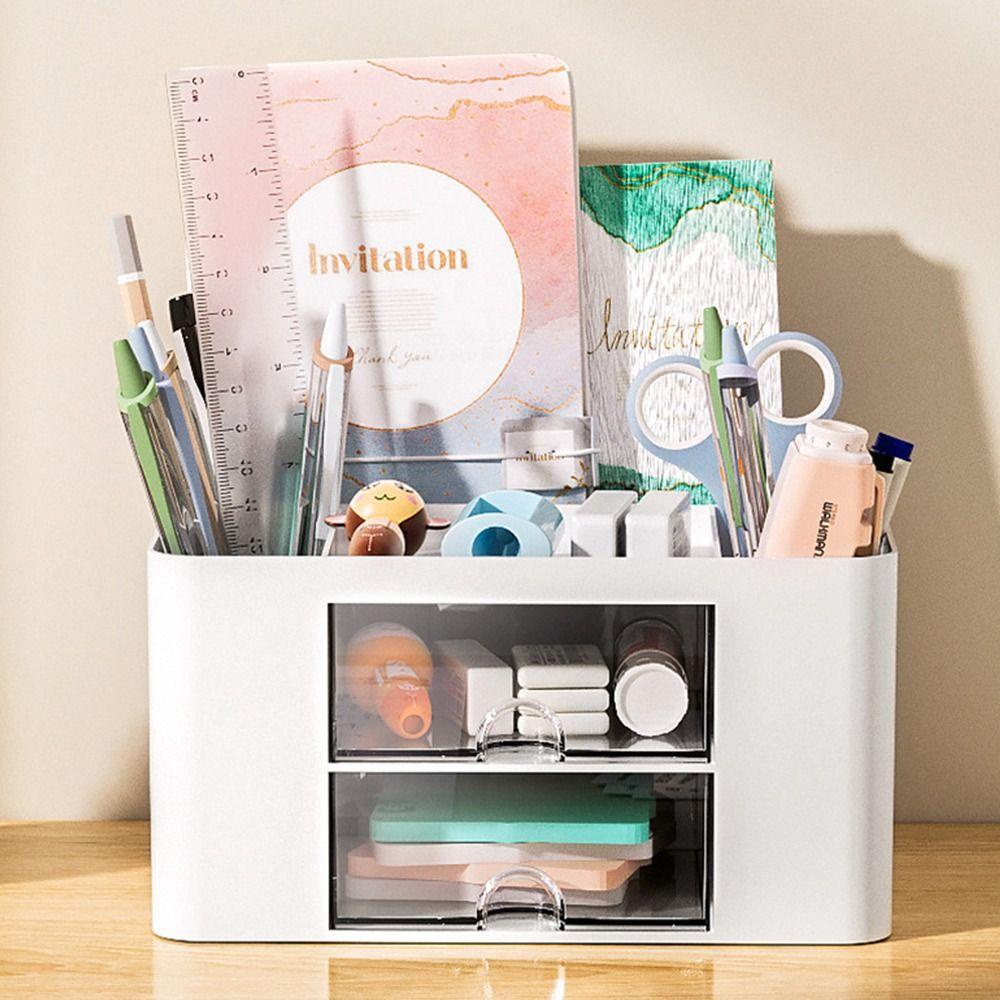 R-flower Pen Holder Multi Fungsi Dengan Laci Transparan Multiple Compartment Desktop Organizer